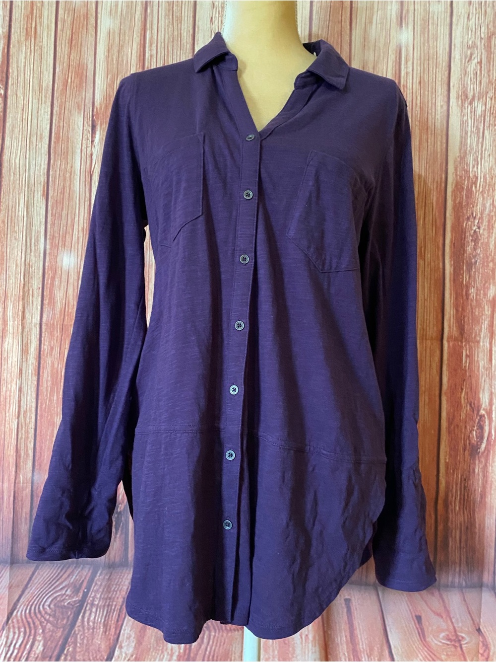 Women’s Large Blouse Sonoma Purple Button Down Long Sleeve Collared V Neck Soft
